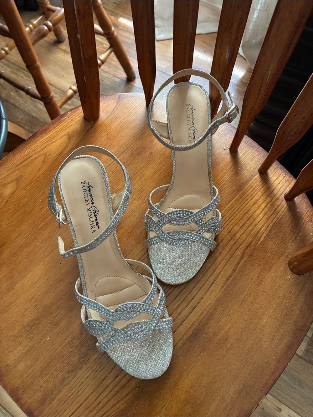 Badgley Mischka Silver Crystal Open-Toe Strappy Heels